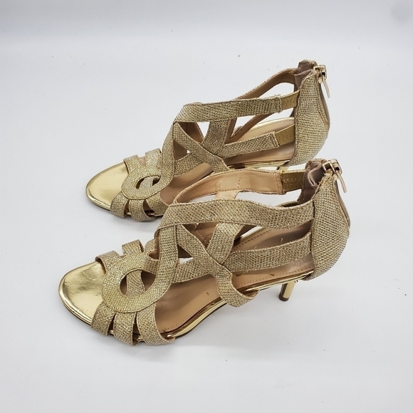 Marc Fisher Nala Leather Gold Shimmer Strappy Metallic Zip Heels Women's 8M - Picture 5 of 15